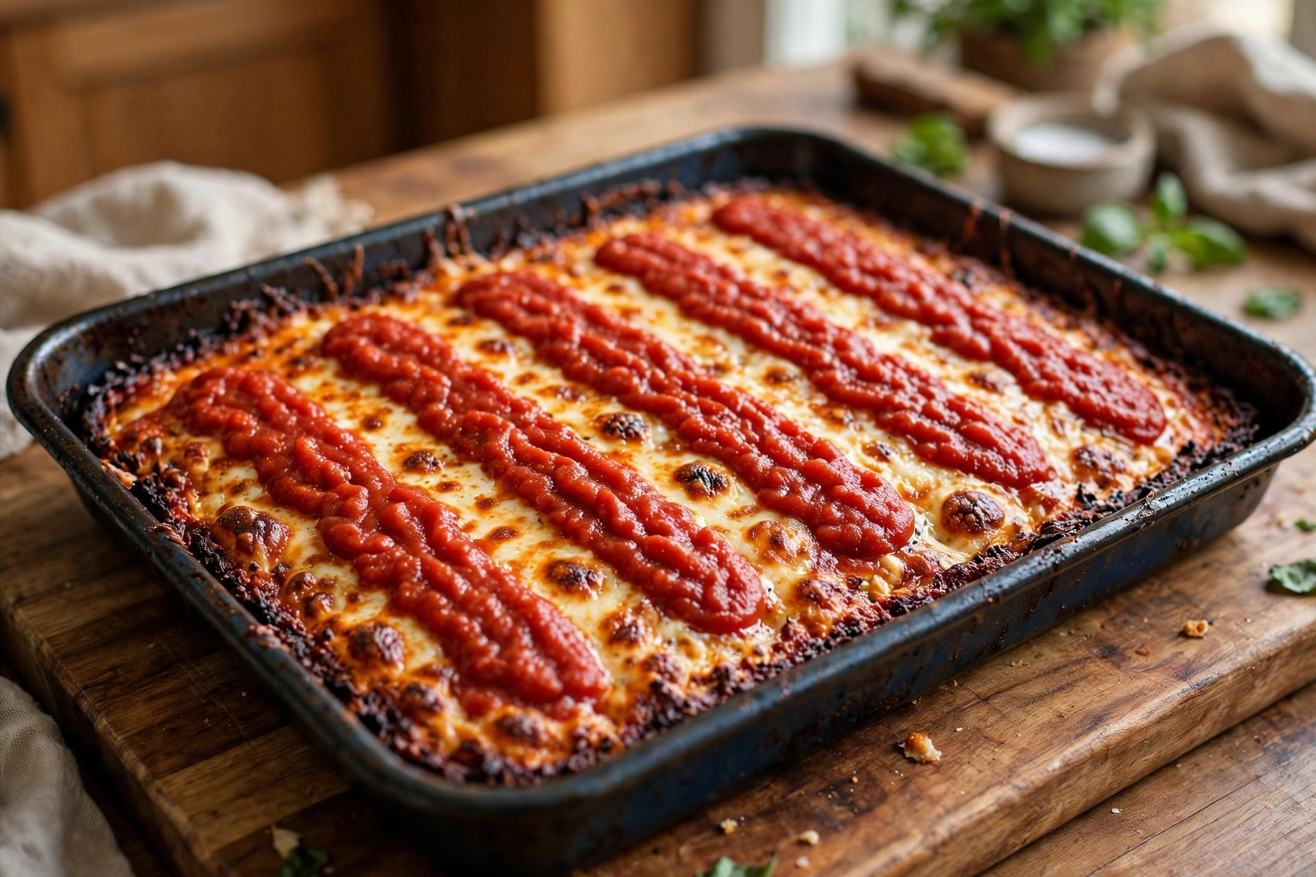 Detroit-style pizza in a dark rectangular pan with sauce stripes and dark cheese edges