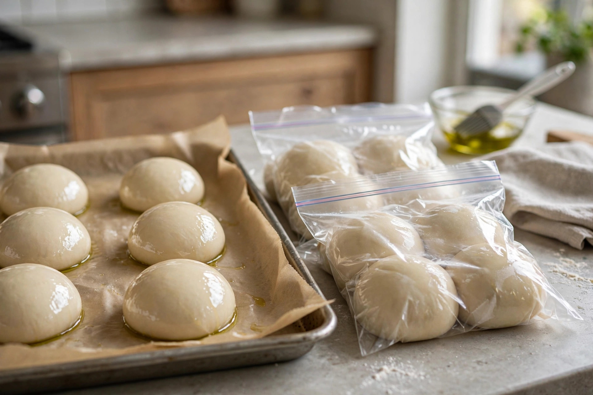 Oiled pizza dough balls on a parchment-lined tray next to dough balls in freezer bags