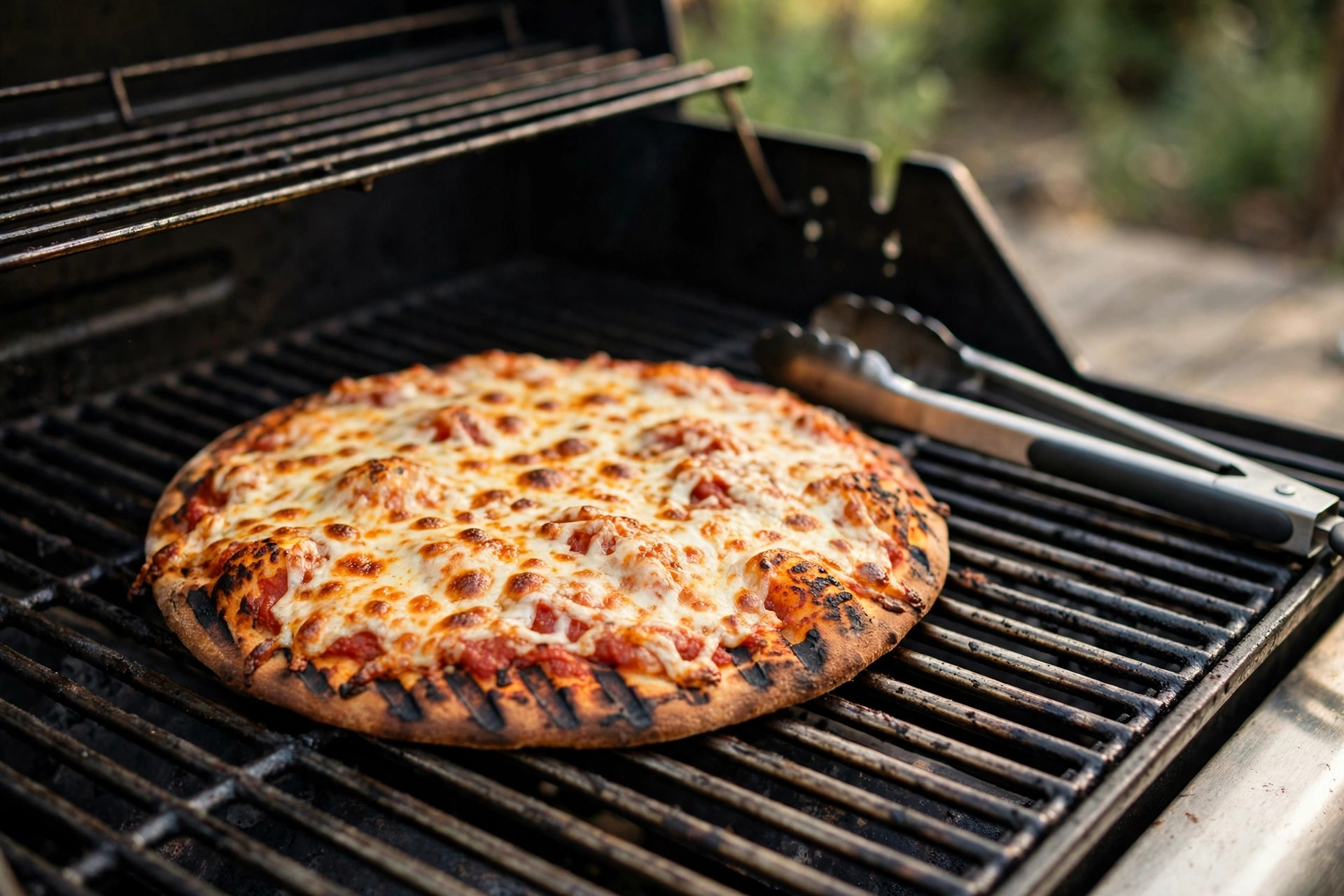 Cheese pizza with charred grill marks cooking directly on the grates of an outdoor gas grill, tongs beside it