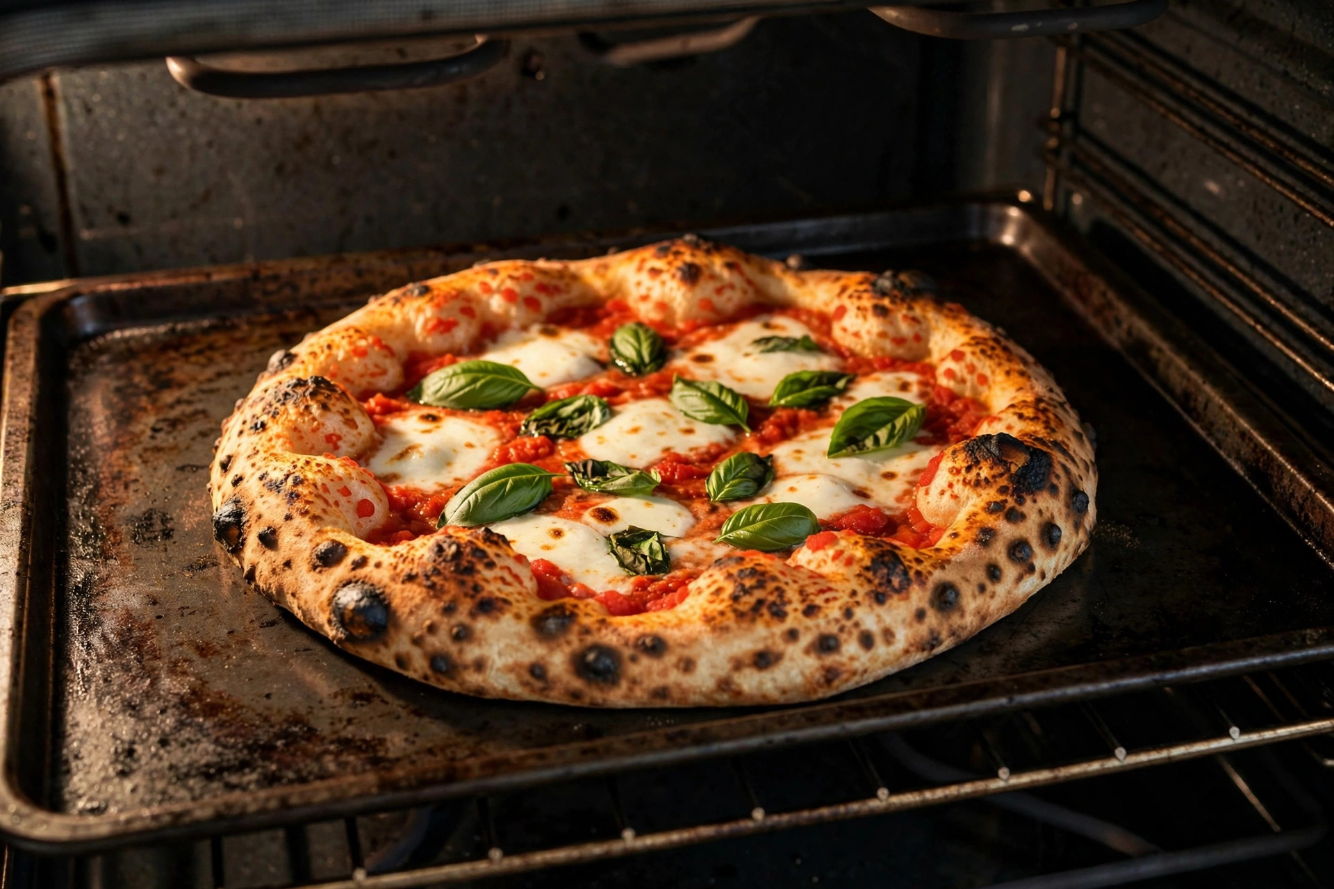 Neapolitan-style margherita pizza with a puffy, blister-spotted rim, tomato, mozzarella and basil inside a home oven