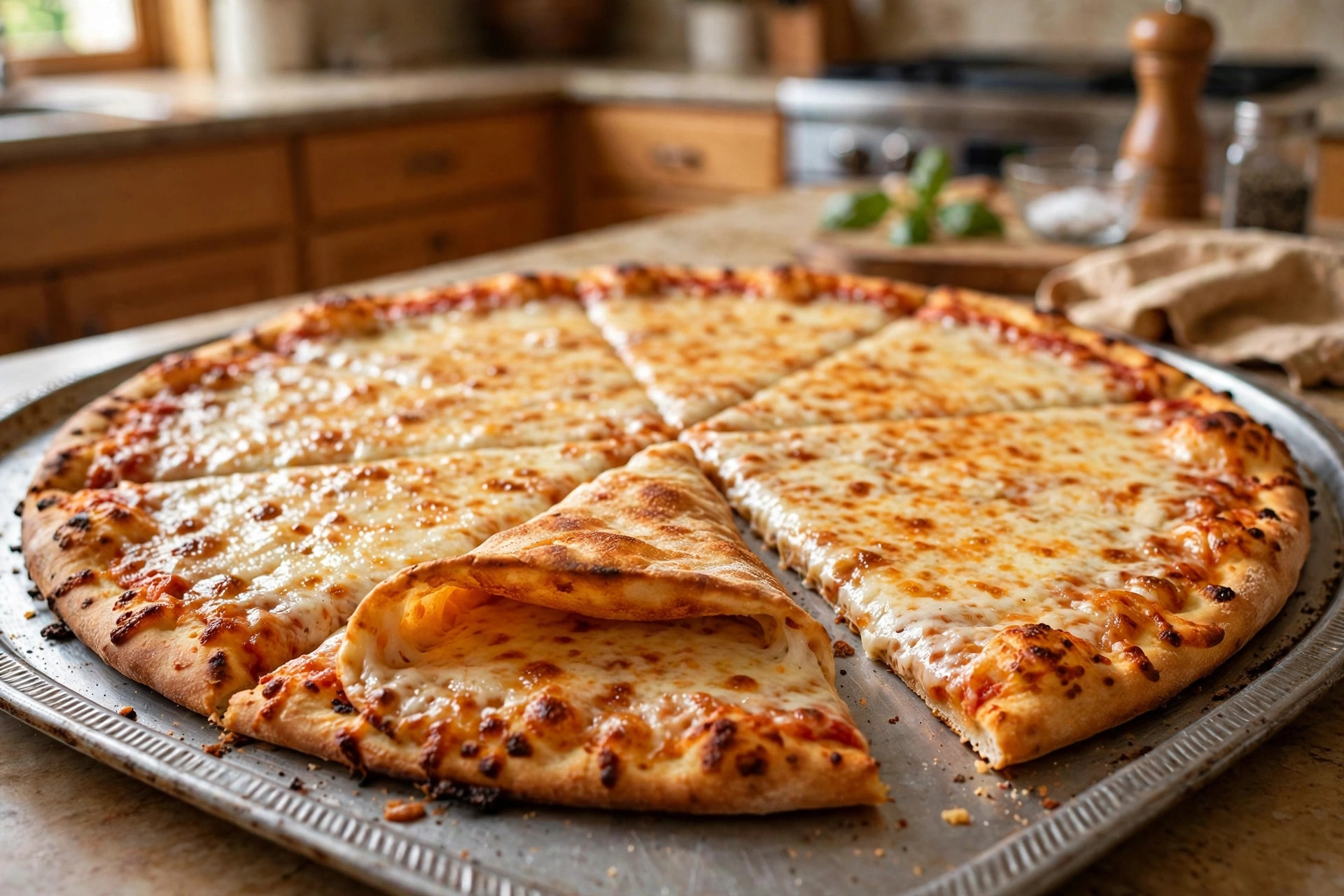 Large cheese pizza on a metal tray with one wide slice folded lengthwise