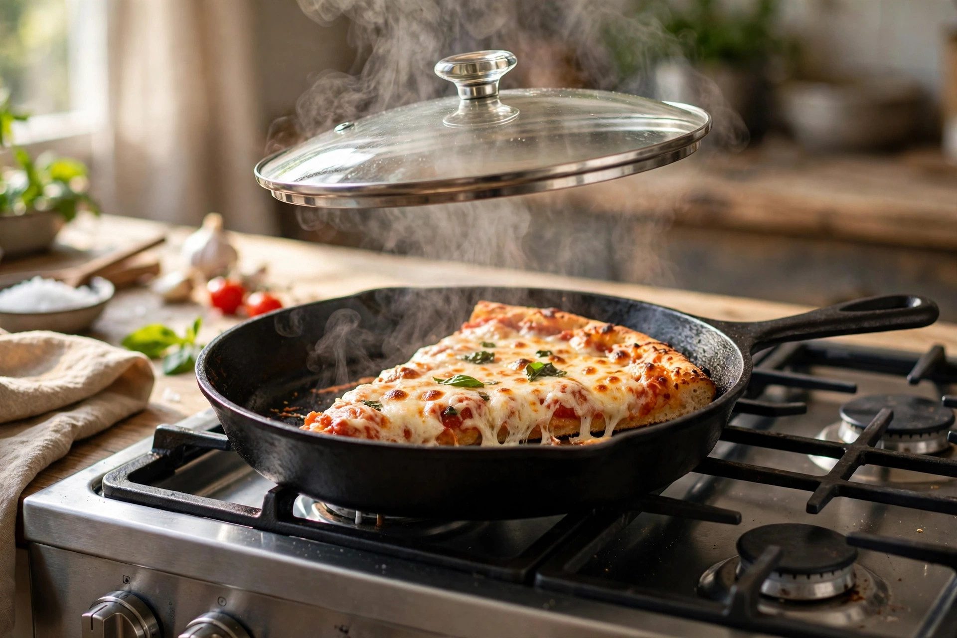 Pizza slice with melted cheese in a cast iron skillet under a steaming glass lid