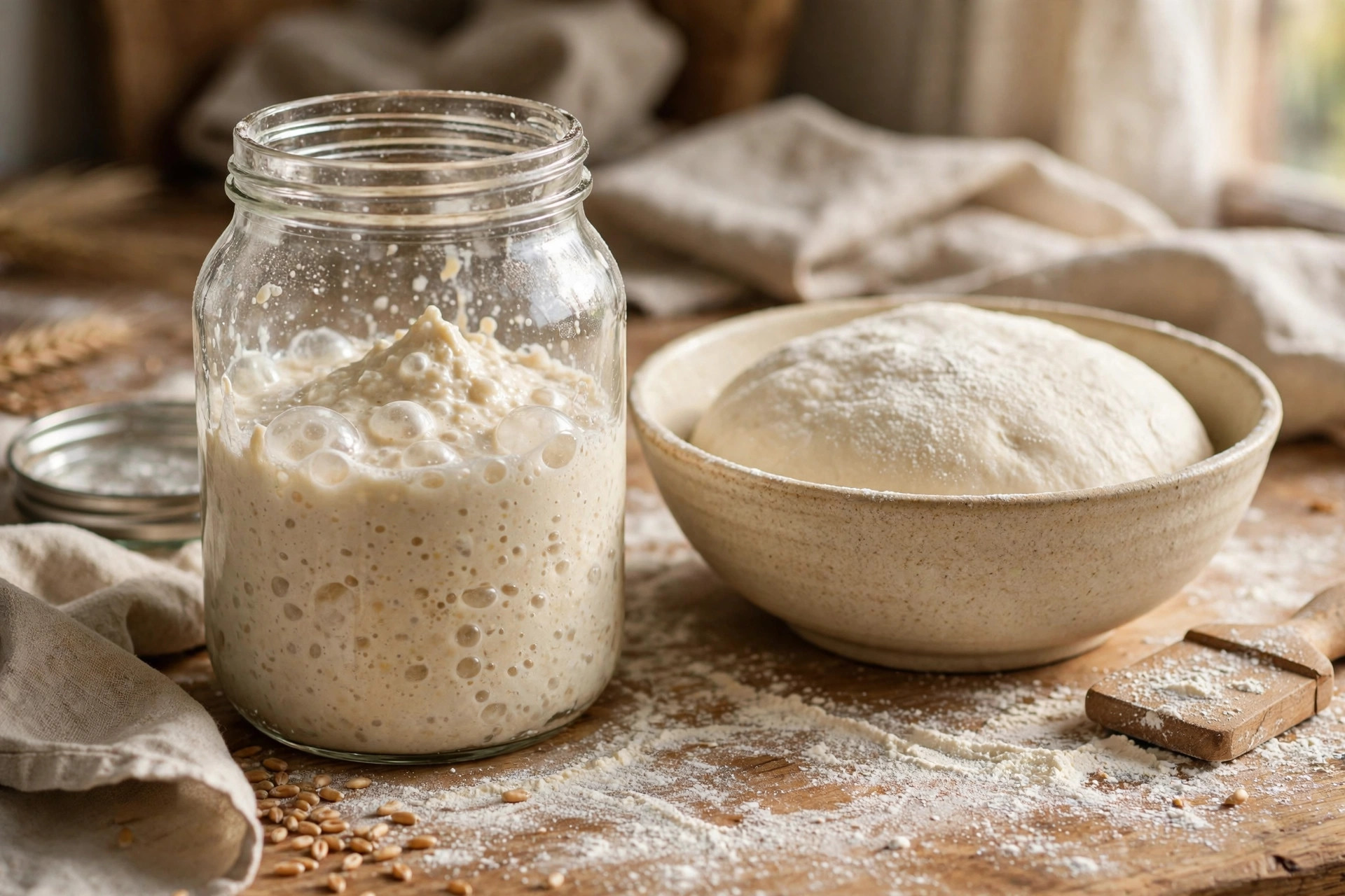 Glass jar of bubbly ripe sourdough starter beside a bowl of risen pizza dough on a floured wooden counter