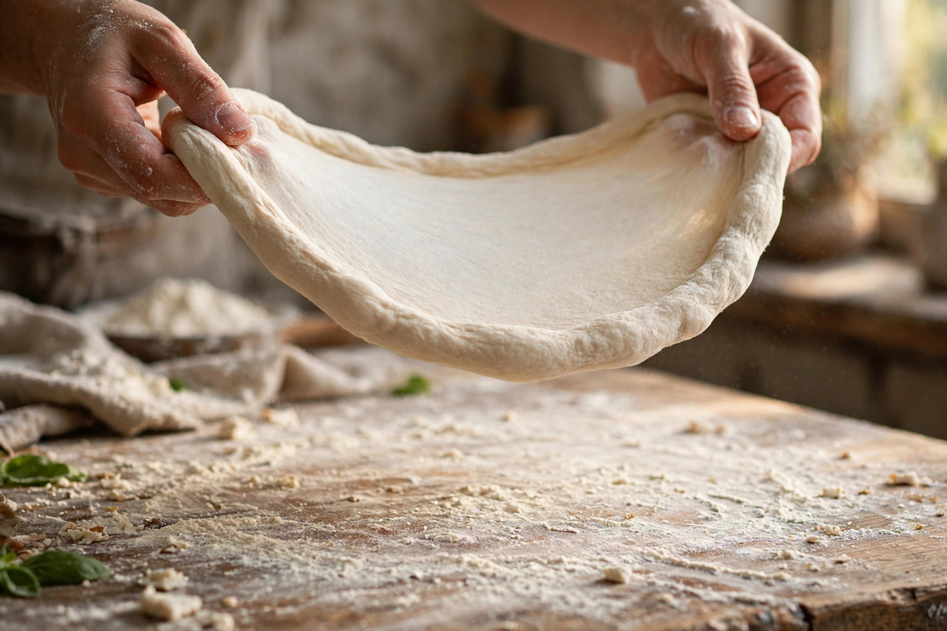 Hands stretching raw pizza dough in the air over a flour-dusted wooden counter