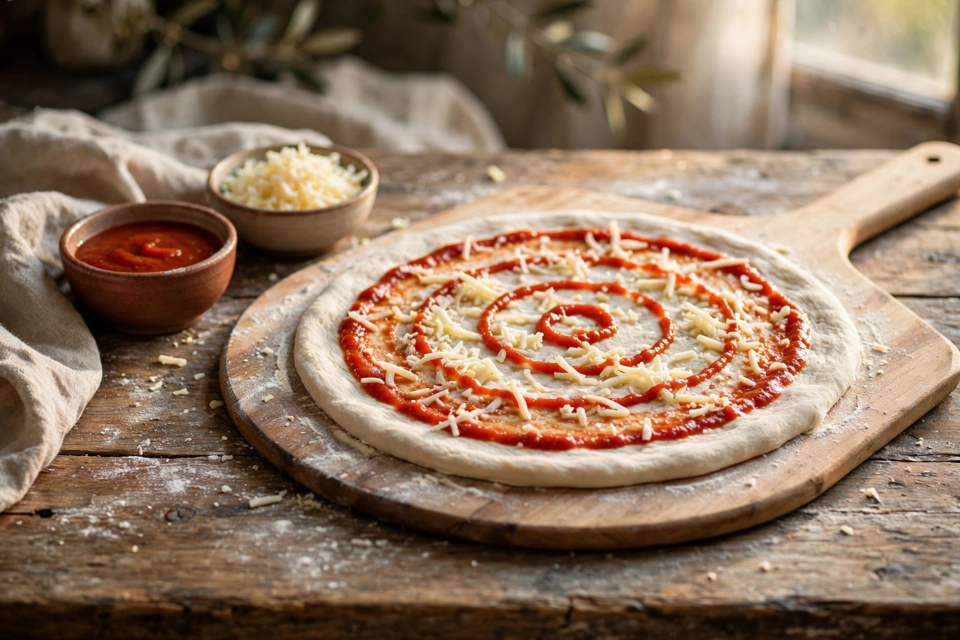 Unbaked pizza with a thin spiral of sauce and scattered cheese beside small portion bowls